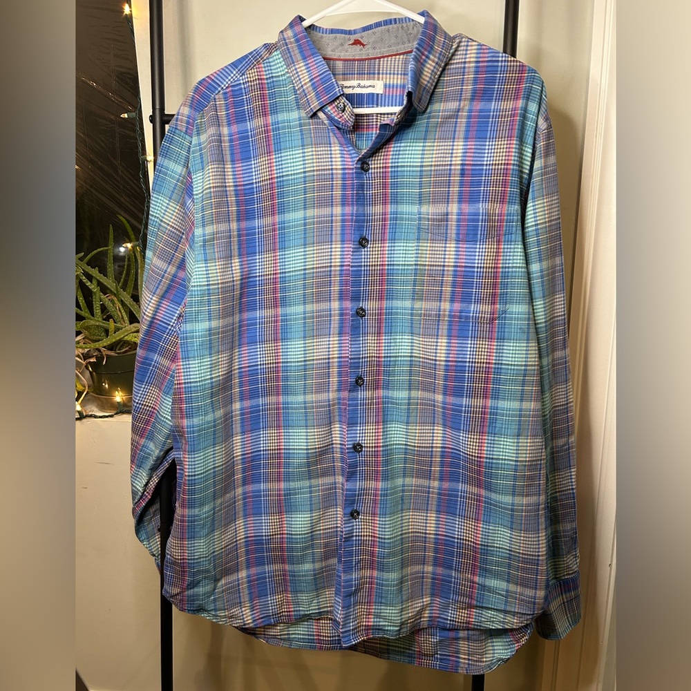 Tommy Bahama Mens Blue & Multicolor Plaid Long Sleeve Button Down Shirt
